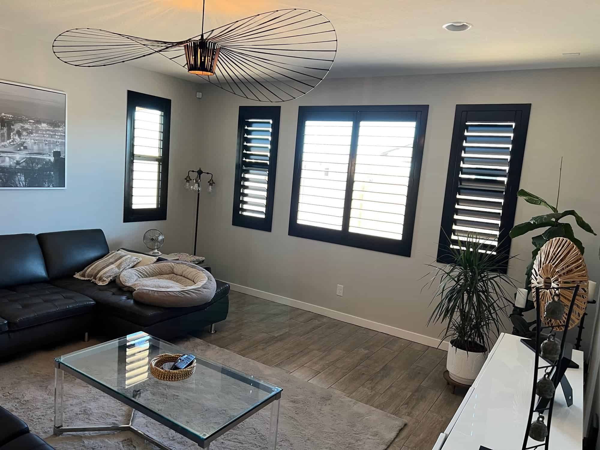 Stained basswood plantation shutters in a modern living room