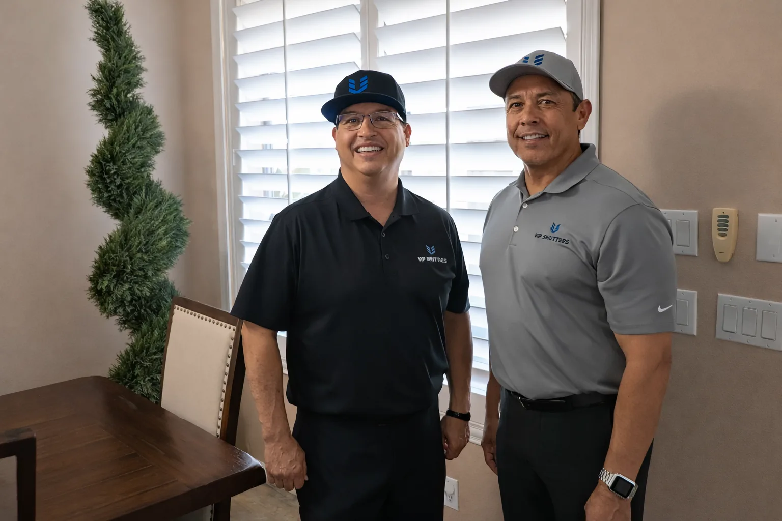 VIP Shutters owners Phil and Hector at a customer's home