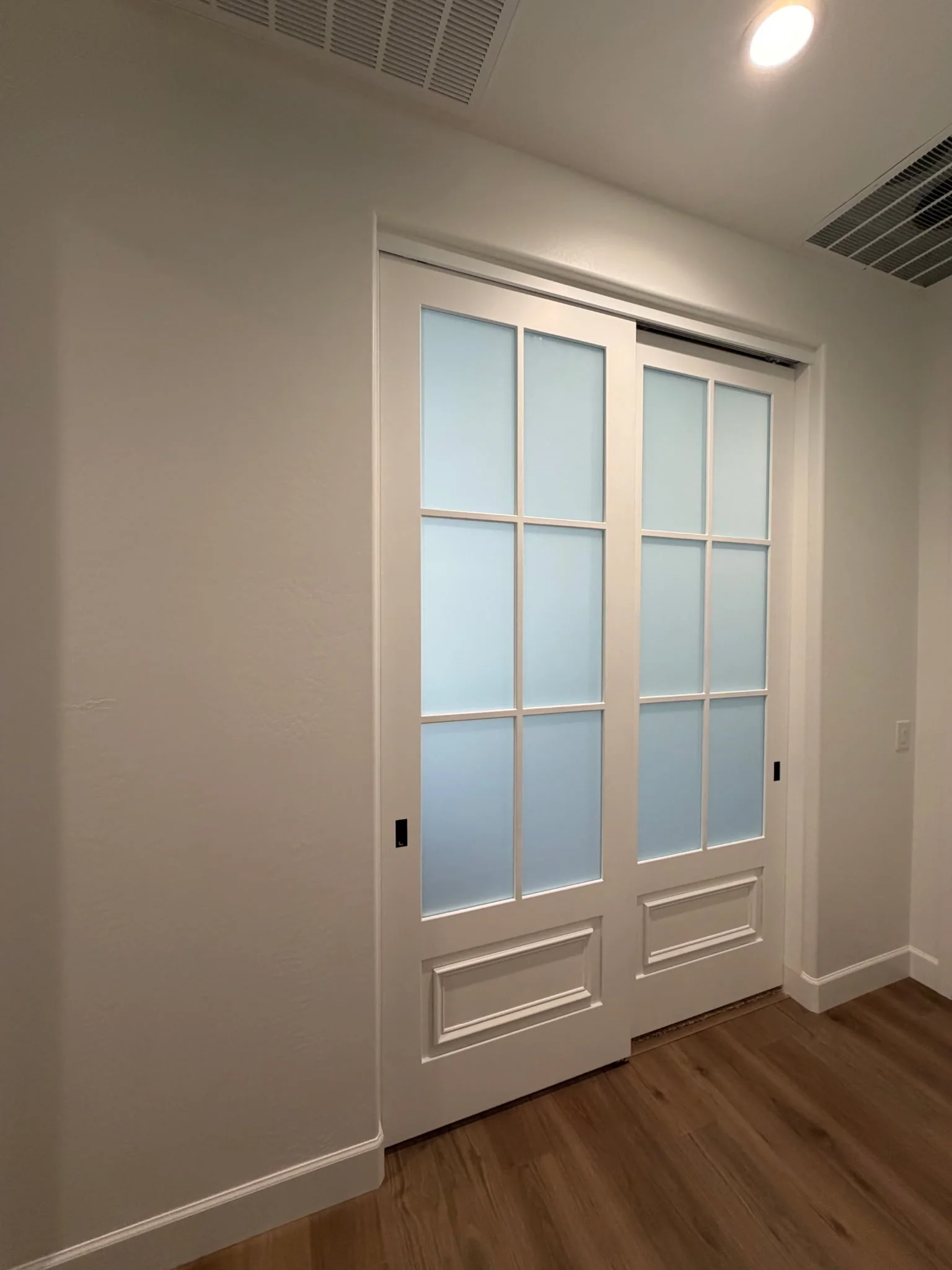 Six-Lite Raised Panel barn doors, a white two-door pair with six frosted glass lites per leaf above raised panel bases and a concealed track, shown closed