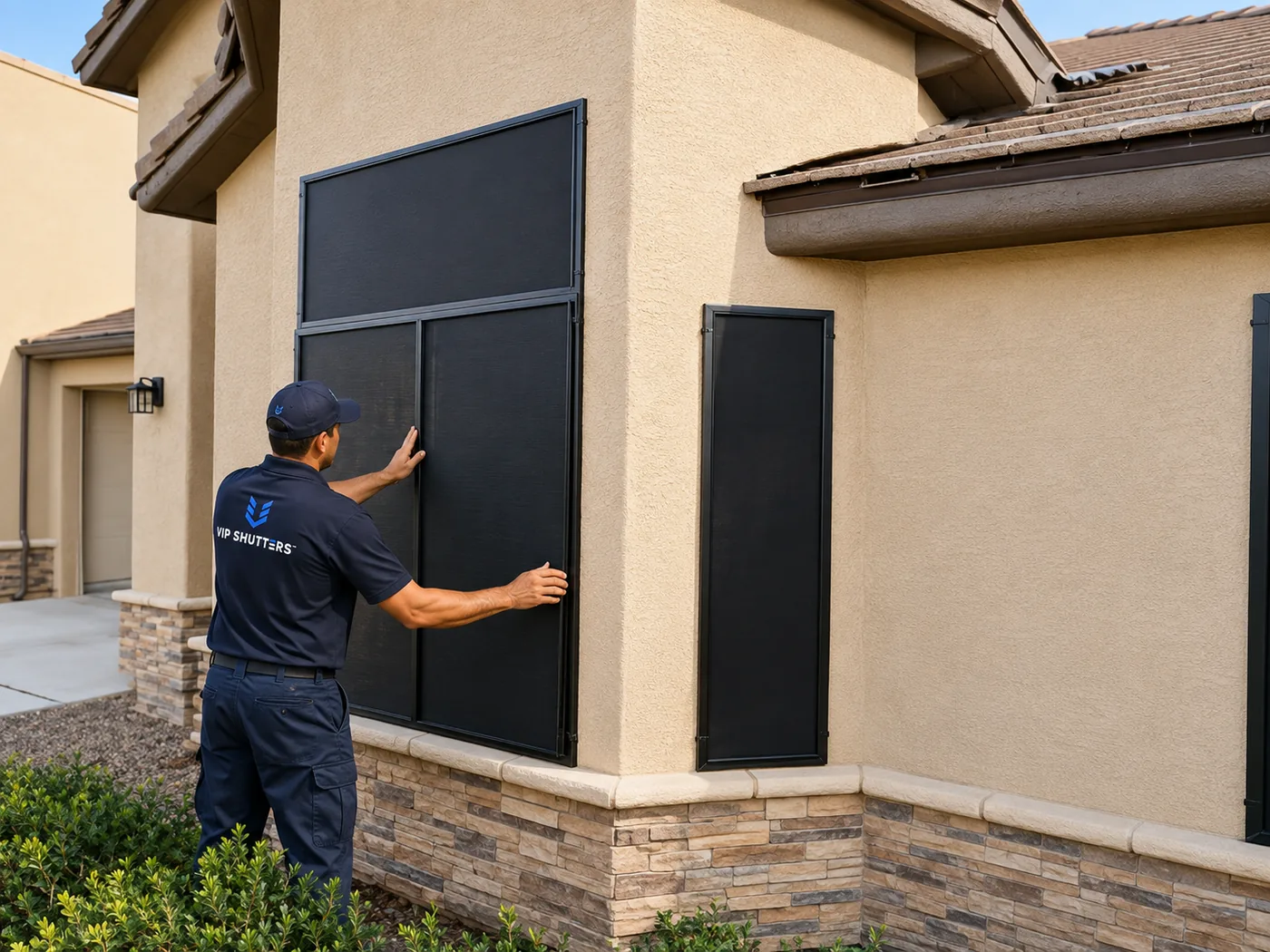 Our Install Crew, a VIP Shutters installer setting a fixed sun screen panel into a window opening on a Phoenix home