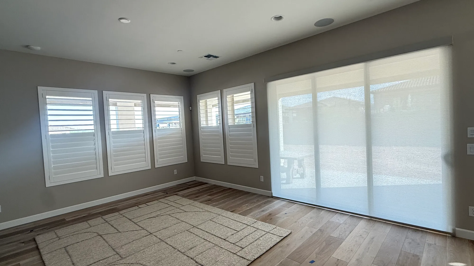White plantation shutters on five windows beside light-filtering patio-door shades in a room with a patterned rug.