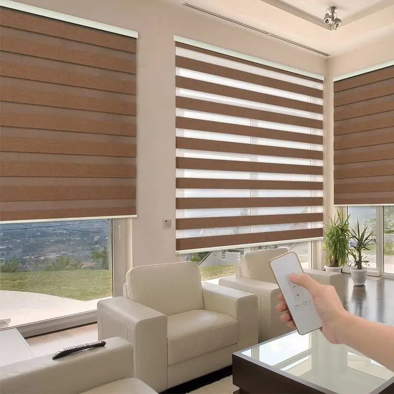 Motorized zebra shade operated by handheld remote